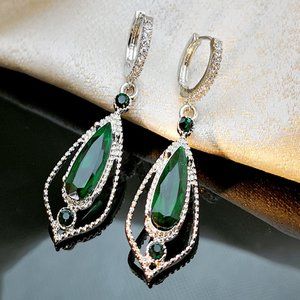 Water Drop Green CZ Stone Pierced Dangle Earrings